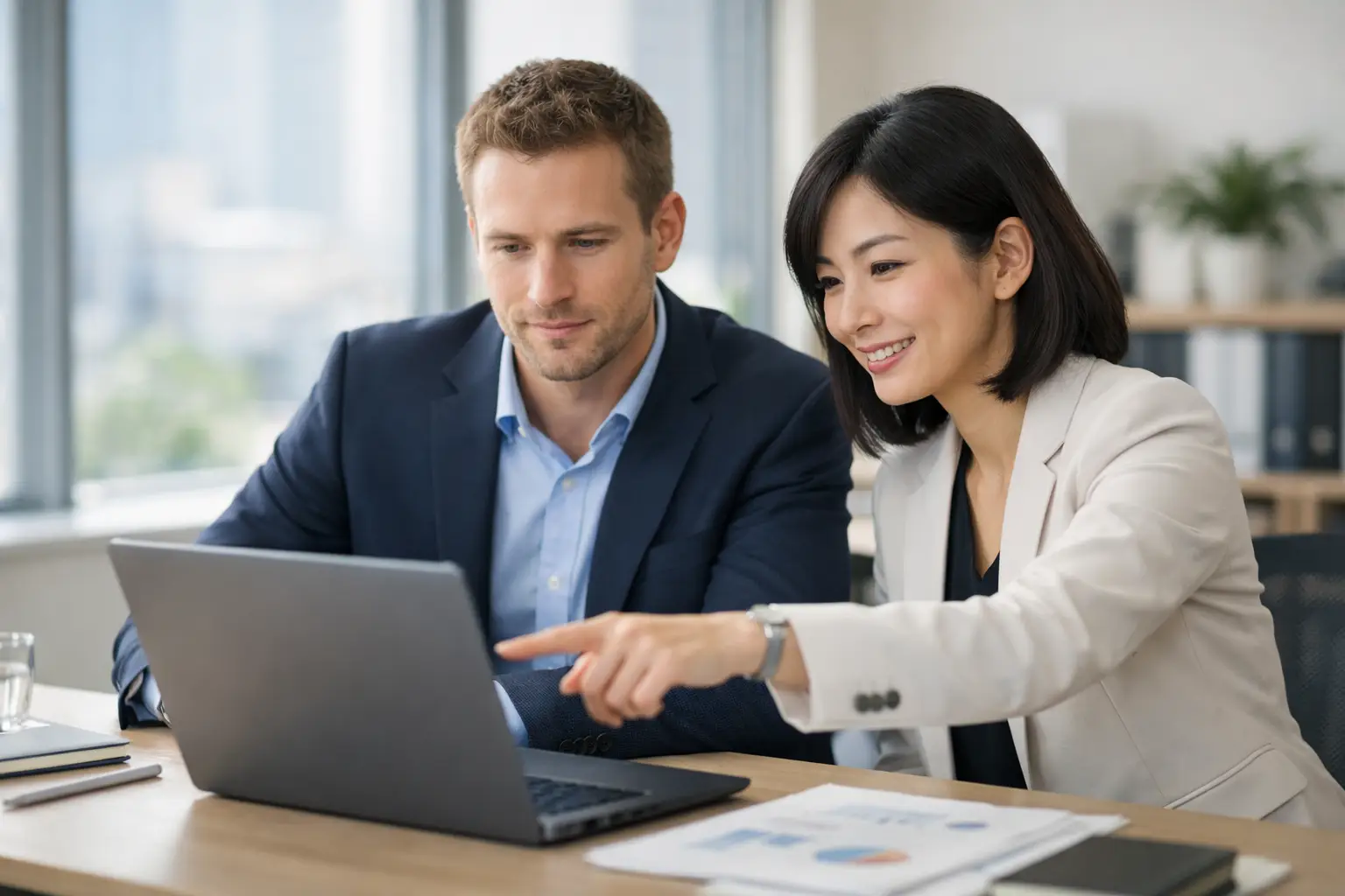 A foreign professional and a Japanese colleague working together in an office