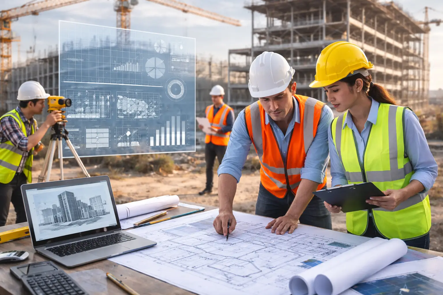 トータルステーションで測量を行う土木技術者